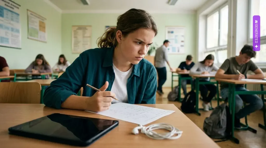 ChatGPT podniósł wyniki uczniów o 48 proc., a potem obniżył je o 17 proc. Przegląd badań w Trends in Cognitive Sciences wyjaśnia ten paradoks – grafika wygenerowana przez AI