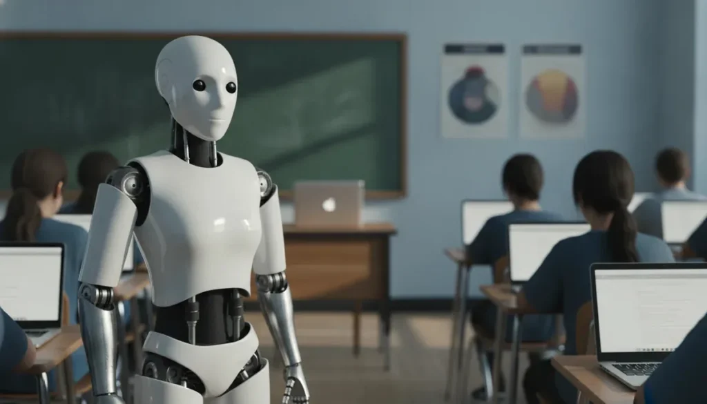 robot staje przed klasa realbotix testuje ucielesniona ai w amerykanskiej szkole