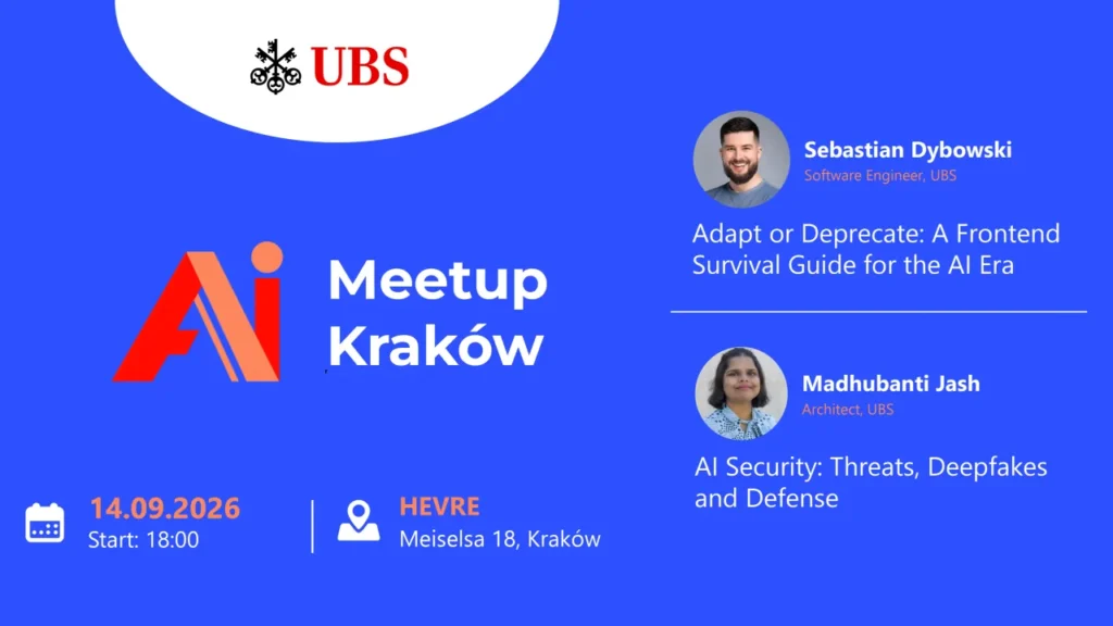 AI Meetup Kraków 2026: bezpłatny wieczór o przetrwaniu frontendowca i deepfake’ach, 14 września w Hevre