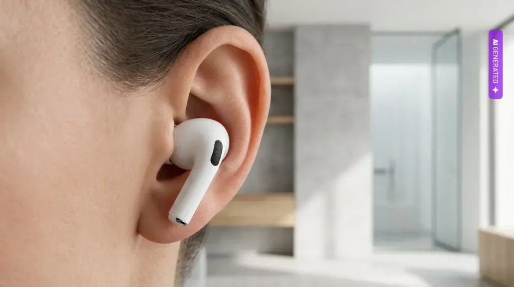 AirPods z kamerami dopiero w 2027. Apple porzuca model B790 mimo własnego wycieku w macOS 26.7 – grafika wygenerowana przez AI