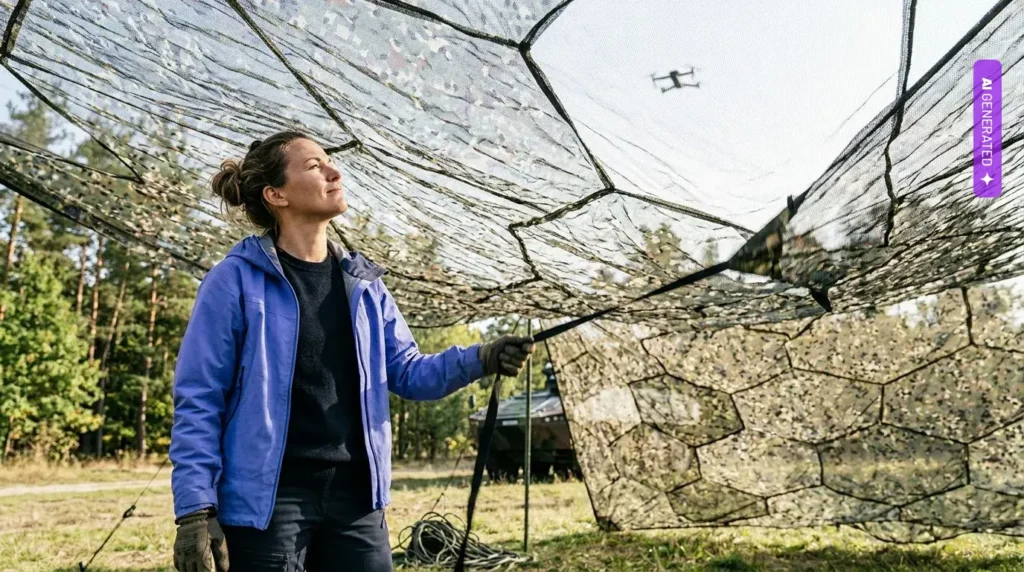 Berberys 3.0 z Wrocławia ma zmylić sensory AI. Prototyp siatki maskującej trafia do Agencji Uzbrojenia – grafika wygenerowana przez AI