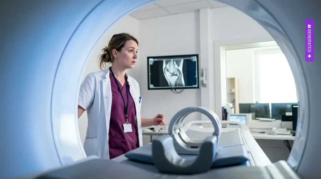 Rezonans kolana w 10 minut zamiast 30. Dr Wojciech Szewczyk o algorytmach AI, które po cichu zmieniły radiologię – grafika wygenerowana przez AI