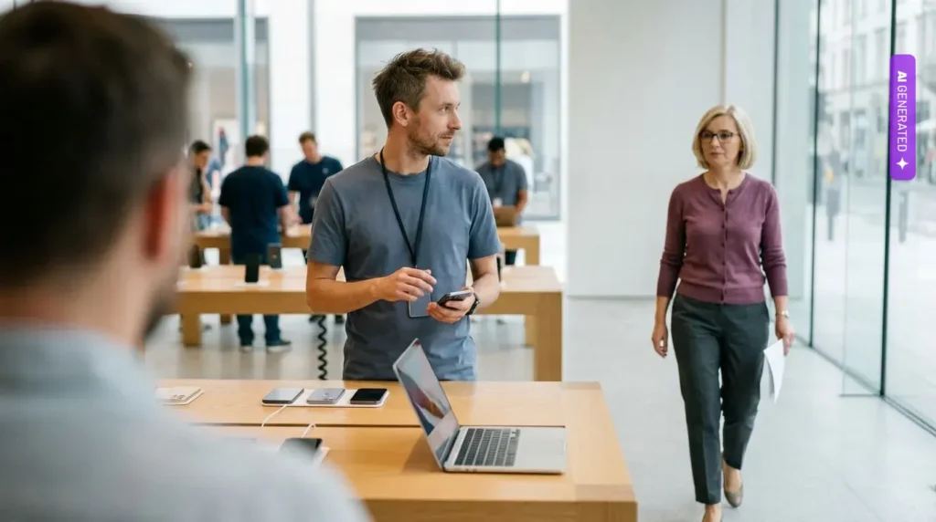 Apple chciało zwolnić 5 tys. pracowników AppleCare i zastąpić ich agentami AI. Bloomberg: plan trafił do zamrażarki – grafika wygenerowana przez AI