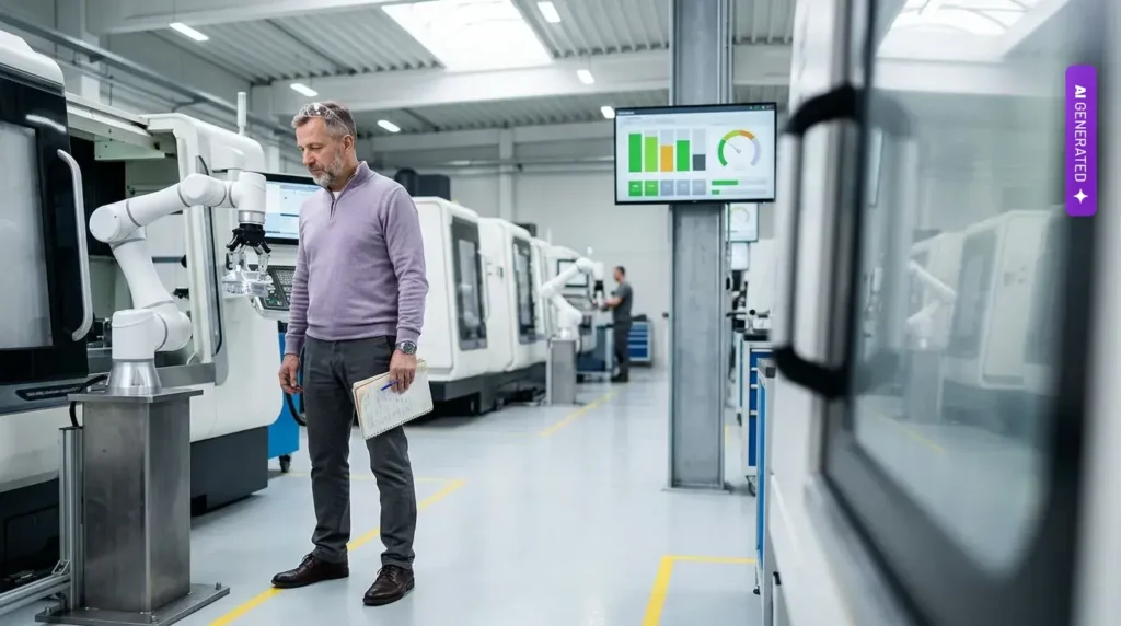 Automatyzacja w produkcji z AI: 12 scenariuszy od darmowego pilotażu do 2 mln zł, z progiem opłacalności i ulgą na robotyzację – grafika wygenerowana przez AI