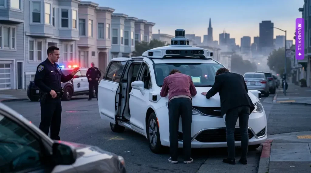 Robotaksówka Waymo wezwała policję do własnych pasażerów. Dwoje nieletnich zatrzymanych z nabitym karabinem w San Francisco Robotaksówka Waymo wezwała policję do własnych pasażerów. Dwoje nieletnich zatrzymanych z nabitym karabinem w San Francisco – grafika wygenerowana przez AI