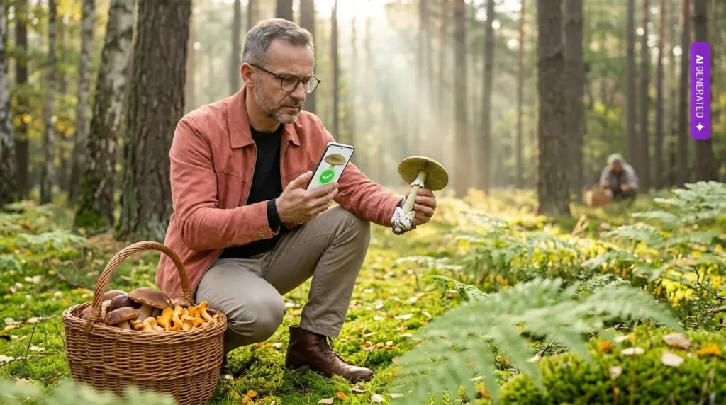 Sanepid ostrzega przed rozpoznawaniem grzybów przez AI. W teście Piotra Migdała najdokładniejszy model brał co dziewiąty trujący grzyb za jadalny – grafika wygenerowana przez AI