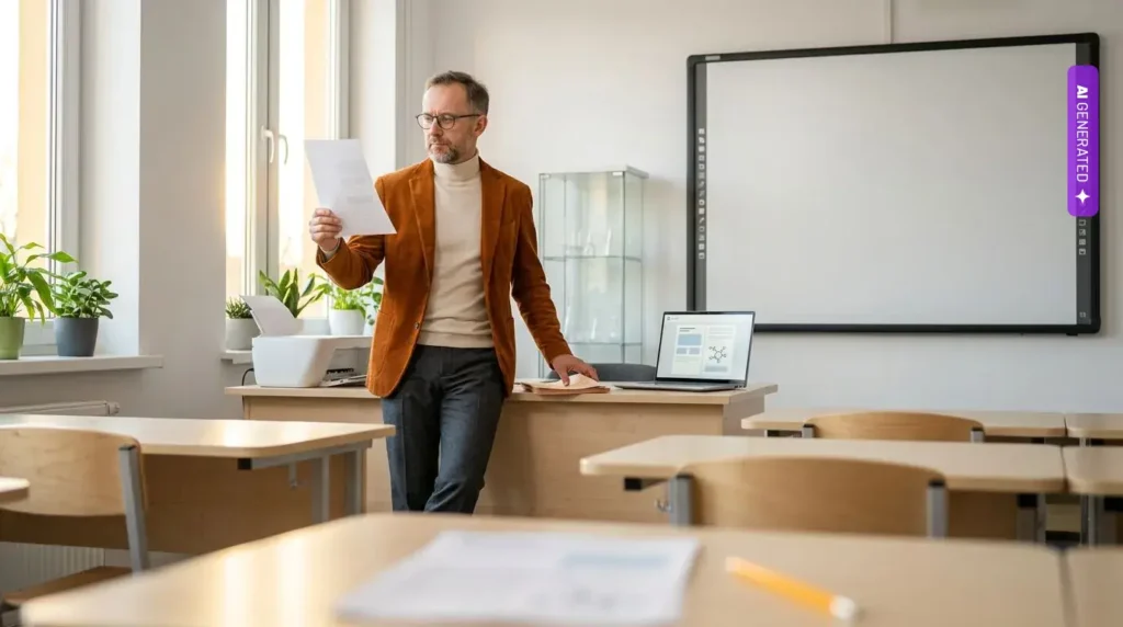 Sanoma Learning: 63 proc. nauczycieli w Europie sięga po AI, ale tylko 16 proc. wierzy, że pomaga ona uczniom – grafika wygenerowana przez AI