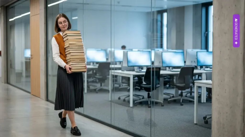 Informatyka w USA straciła 8,4 proc. studentów, a Berkeley ma o 92 proc. więcej anglistów. AI zmienia wybór studiów Informatyka w USA straciła 8,4 proc. studentów, a Berkeley ma o 92 proc. więcej anglistów. AI zmienia wybór studiów – grafika wygenerowana przez AI
