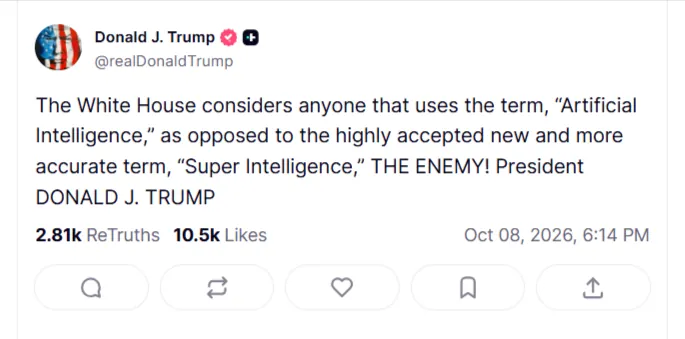 Donald Trump nazywa wrogiem każdego, kto m&oacute;wi &bdquo;Artificial Intelligence&rdquo;. Biały Dom sam nie nadąża ze zmianą na &bdquo;Super Intelligence&rdquo;